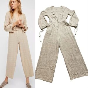 Free People True Lovin Linen Beige One Piece Jumpsuit XS